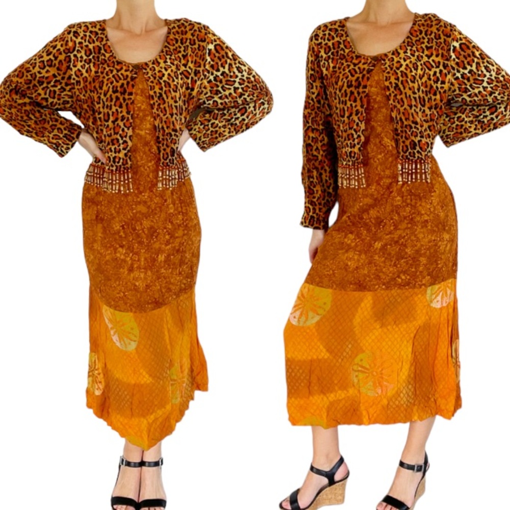 Vintage Simple People orange leopard tie dye beaded boho dress size medium